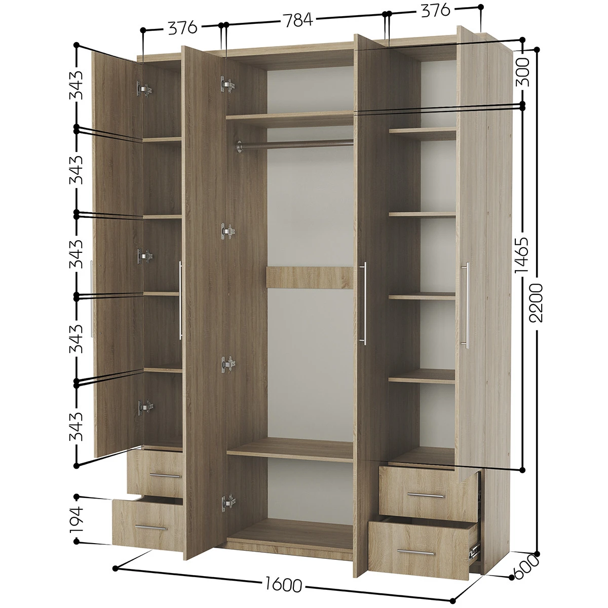 Шкаф четырехдверный Мелодия МКЯ2-43 160х60 Дуб Сонома